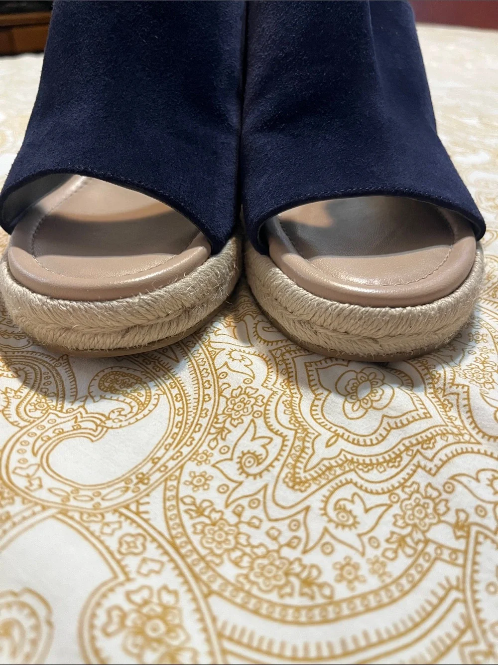 Stuart Weitzman Navy Suede Espadrille Slide Sandals with Tan Footbed - Picture 8 of 10